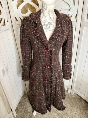 Anthropologie Nick & Mo Retro Tweed Plaid Flare Coat Velvet Floral Buttons MED